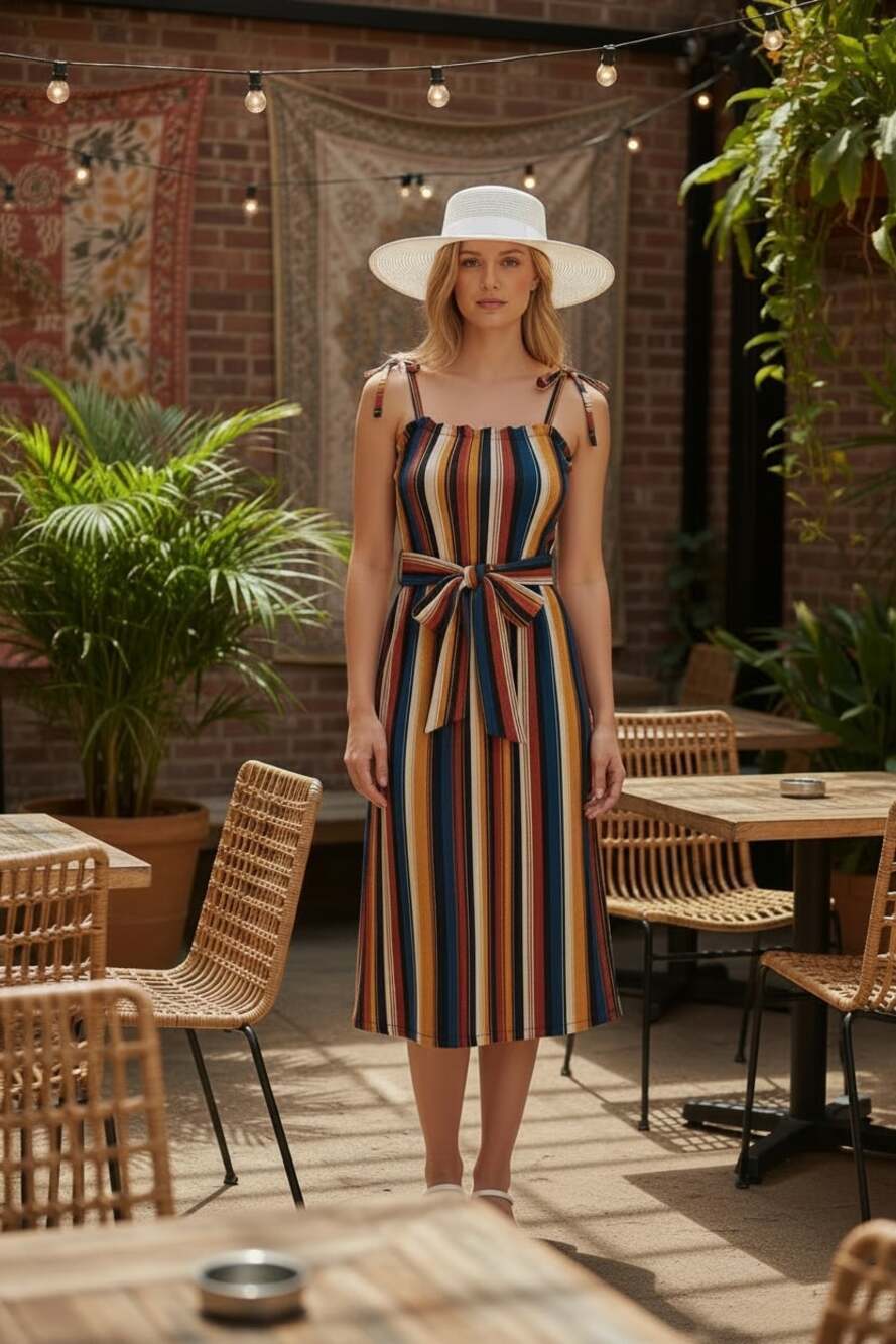 Lovestitch Striped Midi Dress with Tie Waist and Shoulder Ties, Boho, Summer